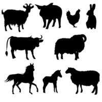 un conjunto de animales de granja. vector aislado en un fondo blanco. caballo, potro, vaca, cabra, cerdo, pollo, oveja carnero conejo