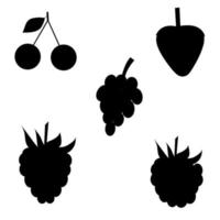 a set of silhouettes of raspberries, strawberries, grapes, cherries, blackberries. Vector isolated on a white background