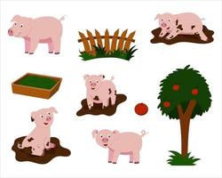 un conjunto de ilustraciones vectoriales de lindos cerdos de dibujos animados. vector aislado en un fondo blanco