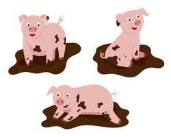 ilustración de dibujos animados, un conjunto de lindos cerdos en el barro. vector aislado en un fondo blanco.