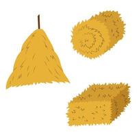 A set of vector illustrations of bales and haystacks. Flat yellow haystacks, round bales of wheat straw for feeding farm animals, isolated on a white background.