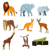 Set of wild animals, zoo. Lion, elephant, baby elephant, jaguar, kangaroo, antelope, giraffe, monkey iguana Vector isolated on a white background