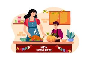 Mother and son are preparing food for Thanksgiving Day vector