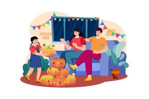 The family decorates for Thanksgiving Day together vector