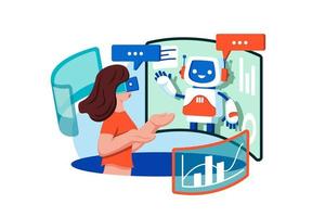 mujer comunicándose con un chatbot virtual vector