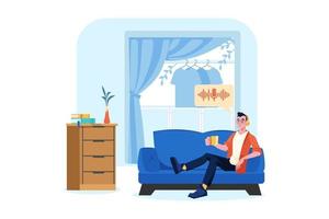 Man listening to the podcast while sitting on a couch vector