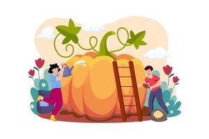 Children take care of pumpkins for Thanksgiving Day vector