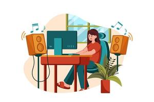 Listening to music while doing work from home vector