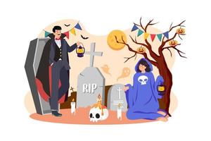 The couple dressed up as demons and ghosts with tombstones, skulls, and candles. vector