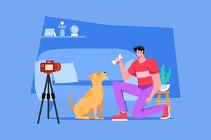 hombre grabando vlog con el perro mascota vector