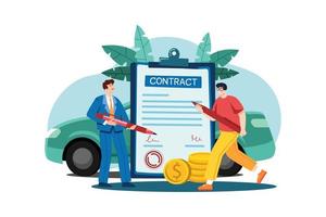 Man and car showroom manager signing contract vector