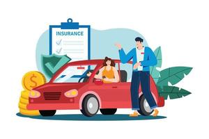 Beautiful young woman in a red car is talking to a car insurance salesman