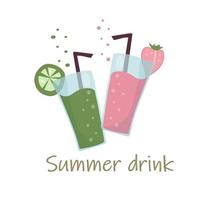 Two summer refreshing fruit cocktails. Non-alcoholic drinks in a simple glass glass and straw. Smoothie design and fresh fruit slices of strawberry and lime. Healthy vegan food vector
