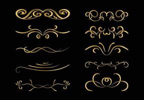 Golden Vector set of vintage floral decorative elements for design, print, embroidery on black background
