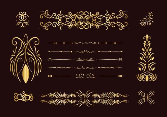 Golden dividers set. Ornamental decorative elements. Vector ornate elements design. Gold flourishes. Decorative calligraphic divider and border for vignette scrapbook ornament.