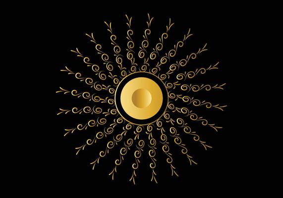 Golden frame with ornament in circle on black background. Luxury gold mandala, hand draw design.