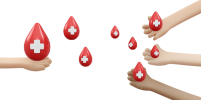 Rendering 3d del concetto di goccia di sangue della mano che tiene la donazione di organi del sangue png