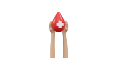Rendering 3d del concetto di goccia di sangue della mano che tiene la donazione di organi del sangue png