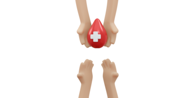 renderização 3D da mão segurando o conceito de gota de sangue de doação de órgãos sanguíneos png