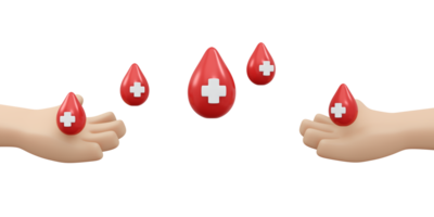Rendering 3d del concetto di goccia di sangue della mano che tiene la donazione di organi del sangue png