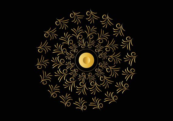 Golden frame with ornament in circle on black background. Luxury gold mandala, hand draw design.