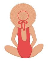 A girl in a straw hat is relaxing on the beach. Flat doodle clipart. All objects are repainted. vector