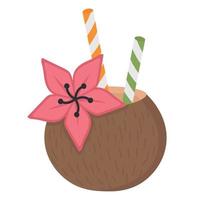 Cocktail in a coconut with a straw. Flat doodle clipart. All objects are repainted. vector