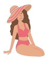 una chica con un sombrero de paja se relaja en la playa. imágenes prediseñadas de garabatos planos. Todos los objetos están repintados. vector