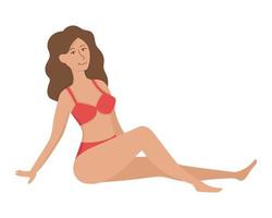 una chica con un sombrero de paja se relaja en la playa. imágenes prediseñadas de garabatos planos. Todos los objetos están repintados. vector