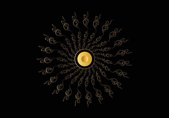 Golden frame with ornament in circle on black background. Luxury gold mandala, hand draw design.