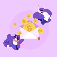 Online cashback concept. Man receiving cashback for a buyer. Coins or money transfer to e-wallet. Online banking. Saving money. Money refund. Isolated vector illustration