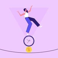 mujer equilibrando tiempo y dinero, concepto de equilibrio vector