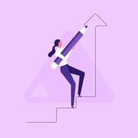 Business development successful, strategy to reach business target or career path achievement concept, businesswoman use huge pencil to draw rising up staircase and walk climbing up ladder vector