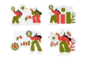Investors with digital stock market graph, candlestick chart set. People traders investing money, finance in assets. Investment concept. Flat vector illustration isolated on white background