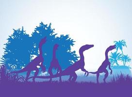 siluetas de dinosaurios compsognathus en un entorno prehistórico capas superpuestas fondo decorativo banner ilustración vectorial abstracta vector