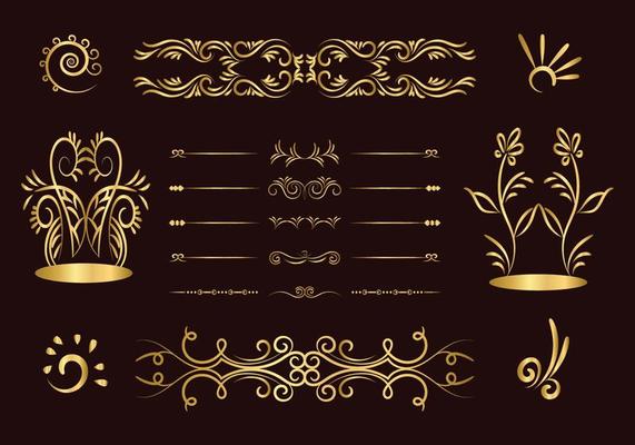 Golden dividers set. Ornamental decorative elements. Vector ornate elements design. Gold flourishes. Decorative calligraphic divider and border for vignette scrapbook ornament.