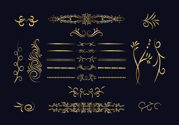 Golden dividers set. Ornamental decorative elements. Vector ornate elements design. Gold flourishes. Decorative calligraphic divider and border for vignette scrapbook ornament.