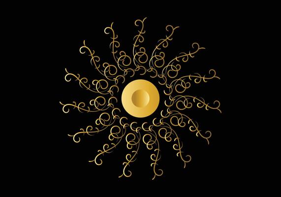 Golden frame with ornament in circle on black background. Luxury gold mandala, hand draw design.