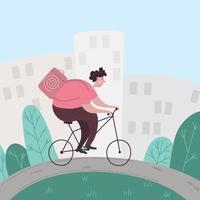 entrega rápida. mensajero en bicicleta con caja de paquetes en la parte posterior entregando comida en la ciudad. concepto de vector dibujado a mano.