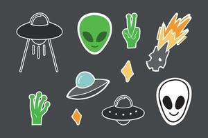 Colorful lines set of icons with patches stickers with stars of alien UFO spaceships. Modern vector style mascot logo fashionable print on children's clothing T-shirt sweatshirt poster.