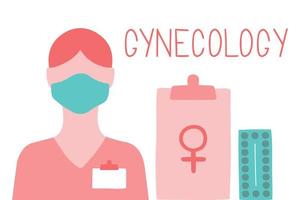 Gynecology icons set. Gynecologist, check up, bacteria test, birth control pills. vector