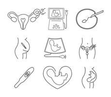 conjunto de iconos de obstetricia. ultrasonido, fecundación artificial, embarazo, feto, cesárea, inseminación intrauterina, prueba de embarazo, embrión en el vientre de la mujer, embrión en ultrasonido.