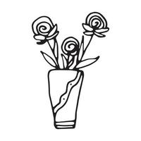 Flowers in vases are drawn with a black line on a white background. Vector doodles.