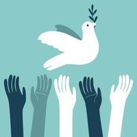 paloma de la paz pájaro mano estilo de dibujos animados. día internacional de la paz, tradicionalmente celebrado anualmente. concepto de paz en el mundo, vector de no violencia.