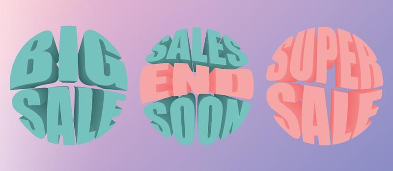 Gradient sale texts with 3d typography effect. Big sale, super sale, sales end soon.