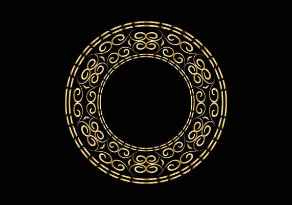 Golden Decorative round frame for design with floral ornament. A template for printing postcards, invitations, books. gold on black background.