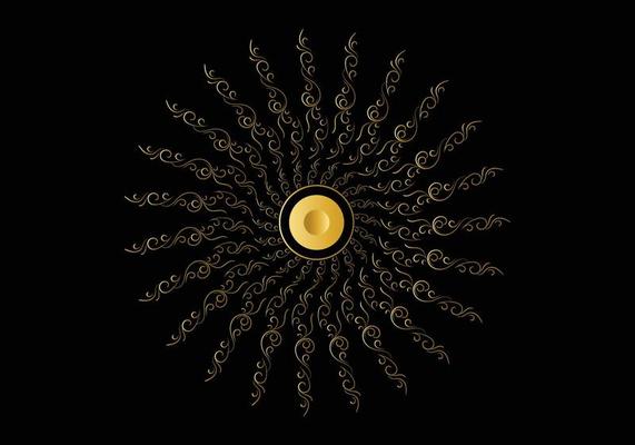 Golden frame with ornament in circle on black background. Luxury gold mandala, hand draw design.
