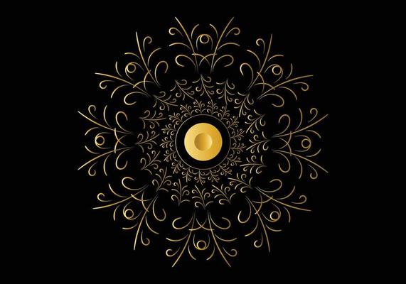 Golden frame with ornament in circle on black background. Luxury gold mandala, hand draw design.