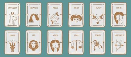 A set of vector illustrations of linear design of astrology zodiac horoscope cards. Elegant symbols and icons of esoteric horoscope templates.