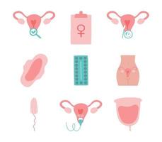 Gynecology icons set. Ultrasound, check up, artificial fertilization, gynecological surgery, birth control pills, menstruation menstrual cup, tampon, pad, intrauterine device. vector